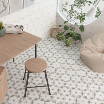 Jenson Taupe Patterned Porcelain Hexagon Tile (228x198mm) | Go Tiles