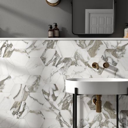 Coleridge White Marble Porcelain Hexagon Tile (198x228mm) | Go Tiles