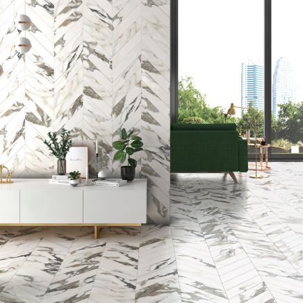 Coleridge White Marble Porcelain Chevron Tile (400x80mm) | Go Tiles