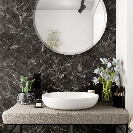 Salinger Black Marble Porcelain Chevron Tile (400x80mm) | Go Tiles