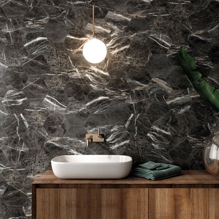 Salinger Black Marble Porcelain Hexagon Tile (228x198mm) | Go Tiles